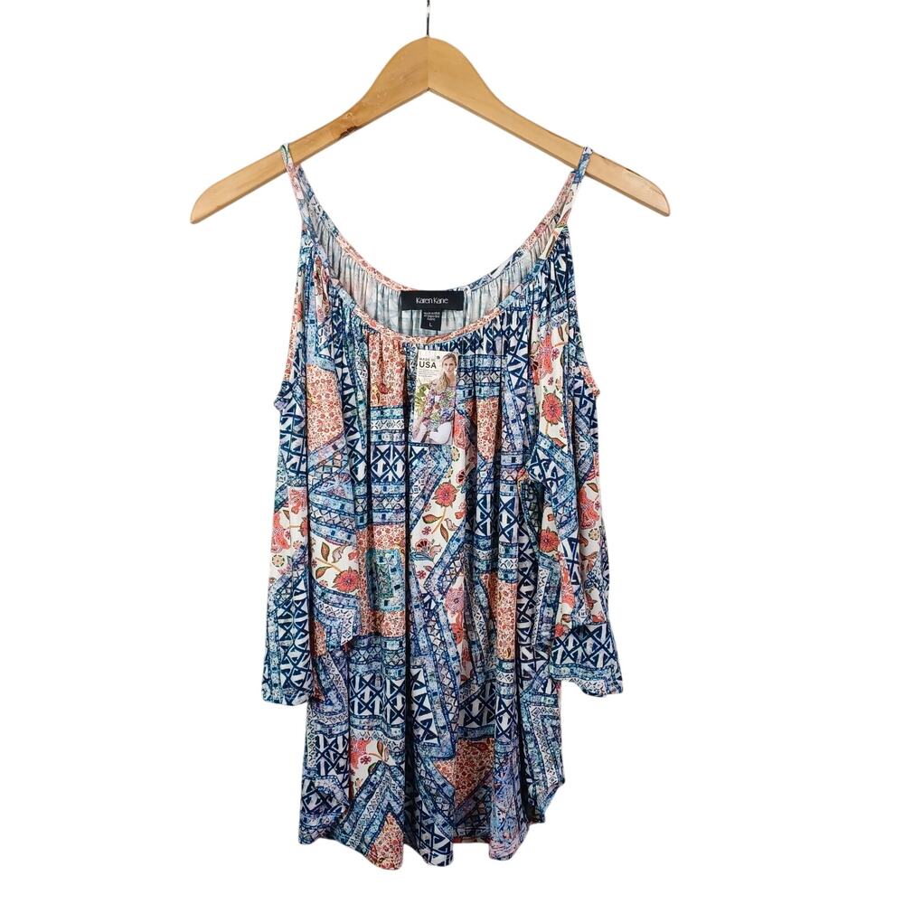 Karen Kane Cold Shoulder Boho Bell Sleeve Top L Blue Patchwork Print Stretch NWT